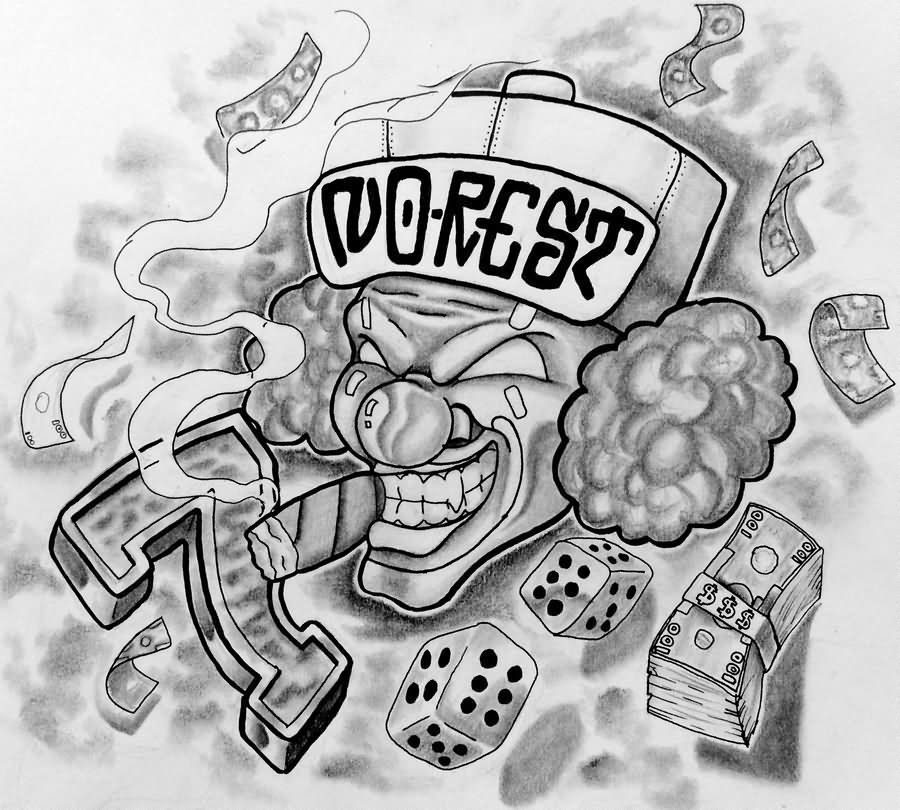 Smoking Clown Head With Dice And Money Tattoo Design