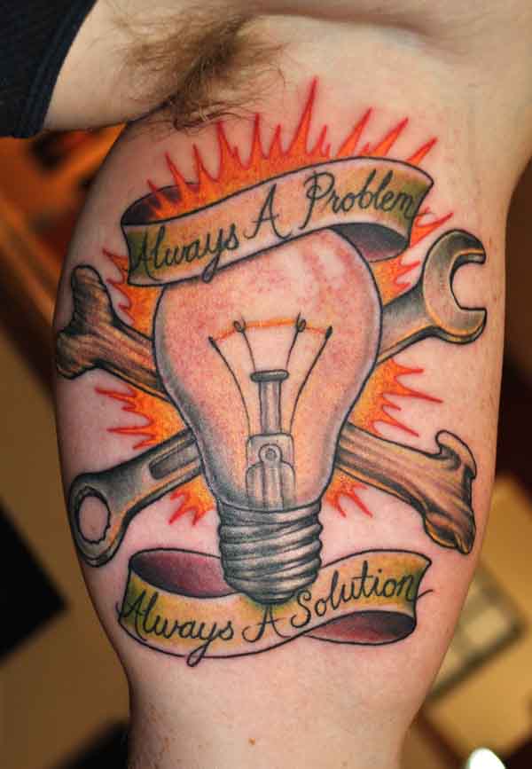 Spanners And Light Bulb With Banners Tattoo On Muscles
