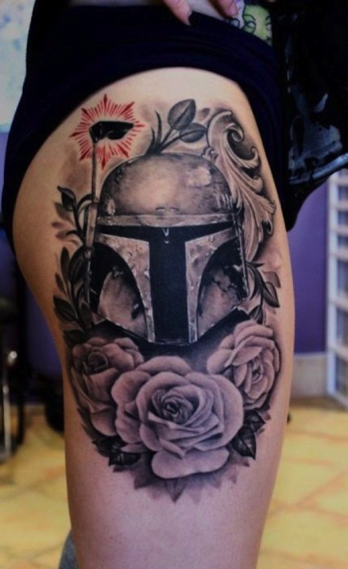 Star War Boba Fett Mask With Roses Tattoo On Side Thigh
