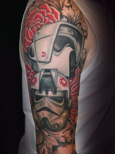 Star War Character With Flowers Tattoo Design For Half Sleeve