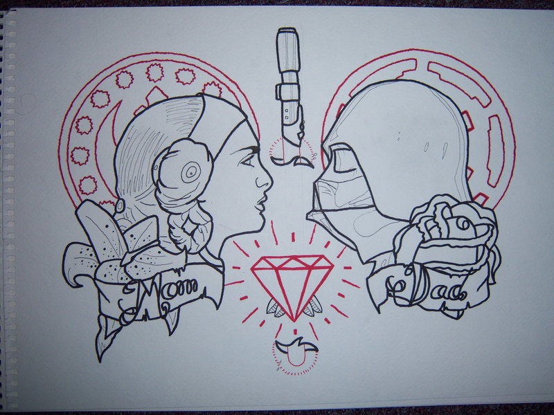 Star War Darth Vader And Padme Amidala Head With Banner And Diamond Tattoo Stencil