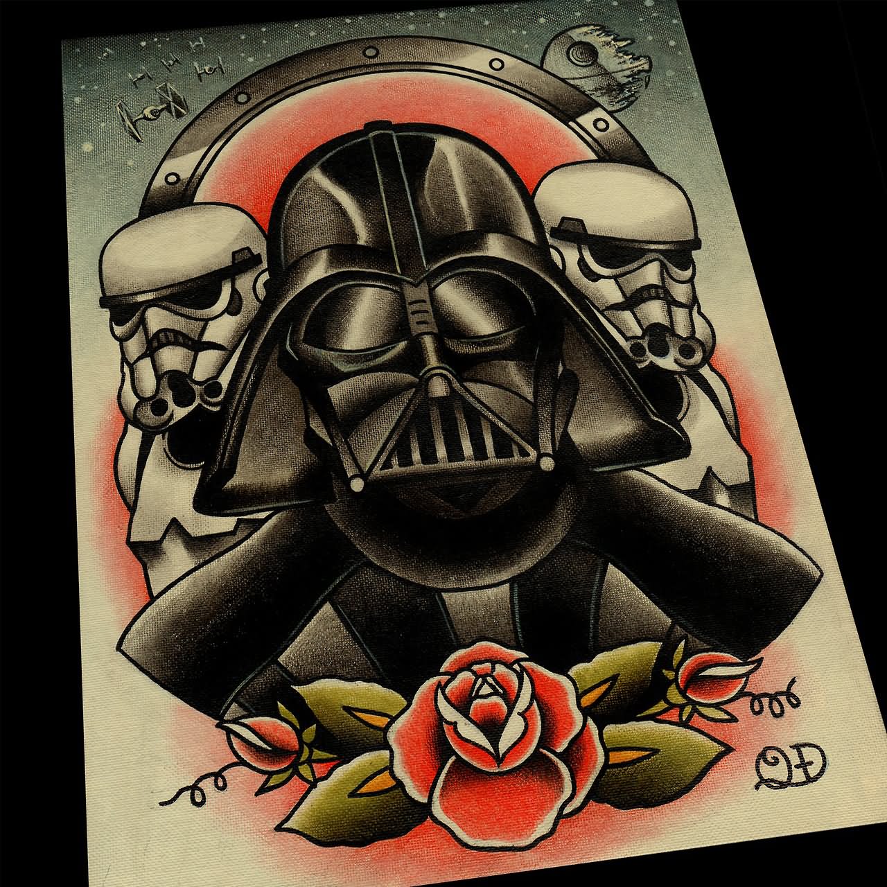 Star War Darth Vader With Soldier And Flowers Tattoo Design