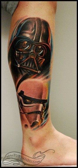 Star War Darth Vader With Soldier Head Tattoo On Leg