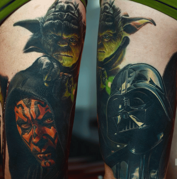 Star War Darth Vader, Yoda And Darth Mual Tattoo Design For Thigh