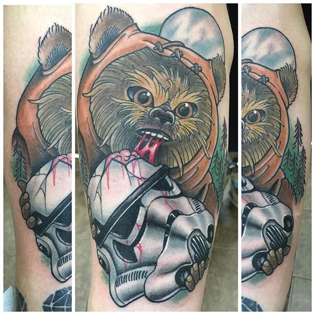 Star War Ewok With Soldier Head Tattoo Design For Forearm By Jamie Taaffe