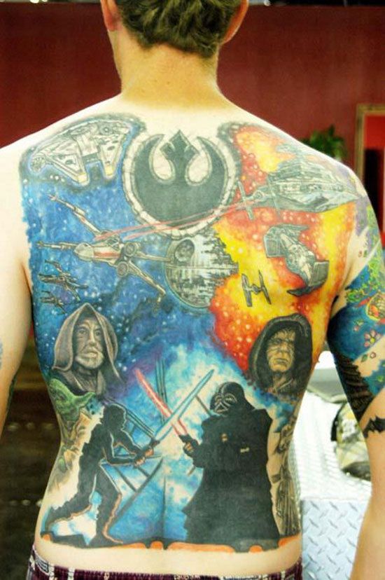 Star War Fighting Scene Tattoo On Man Full Back