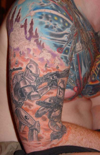 Star War Fighting Scene Tattoo On Man Right Half Sleeve