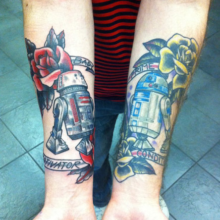 Star War R2-D2 With Rose And Banner Tattoo Design For Forearm