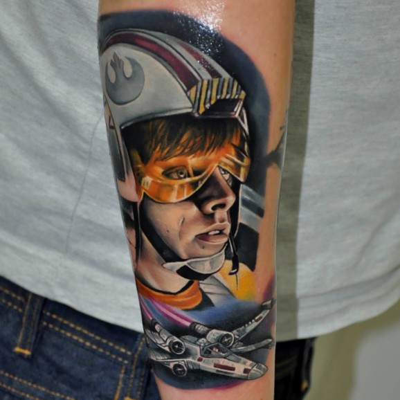 Star War Skywalker With Spaceship Tattoo On Forearm