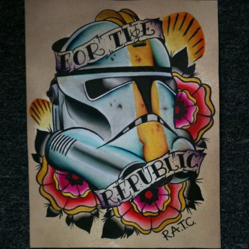 Star War Soldier Mask With Flowers And Banner Tattoo Design