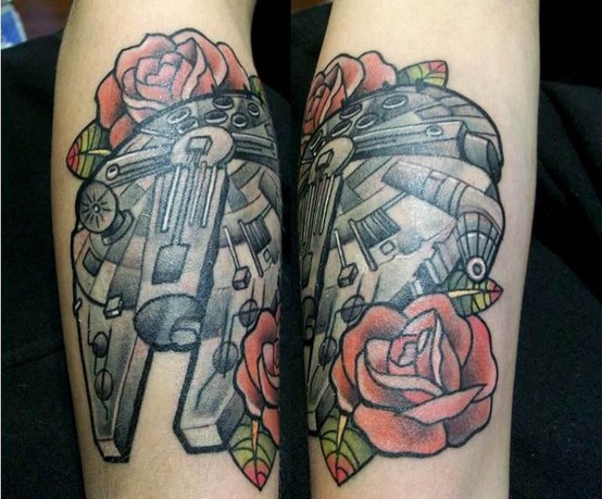 Star War Spaceship With Roses Tattoo Design For Forearm