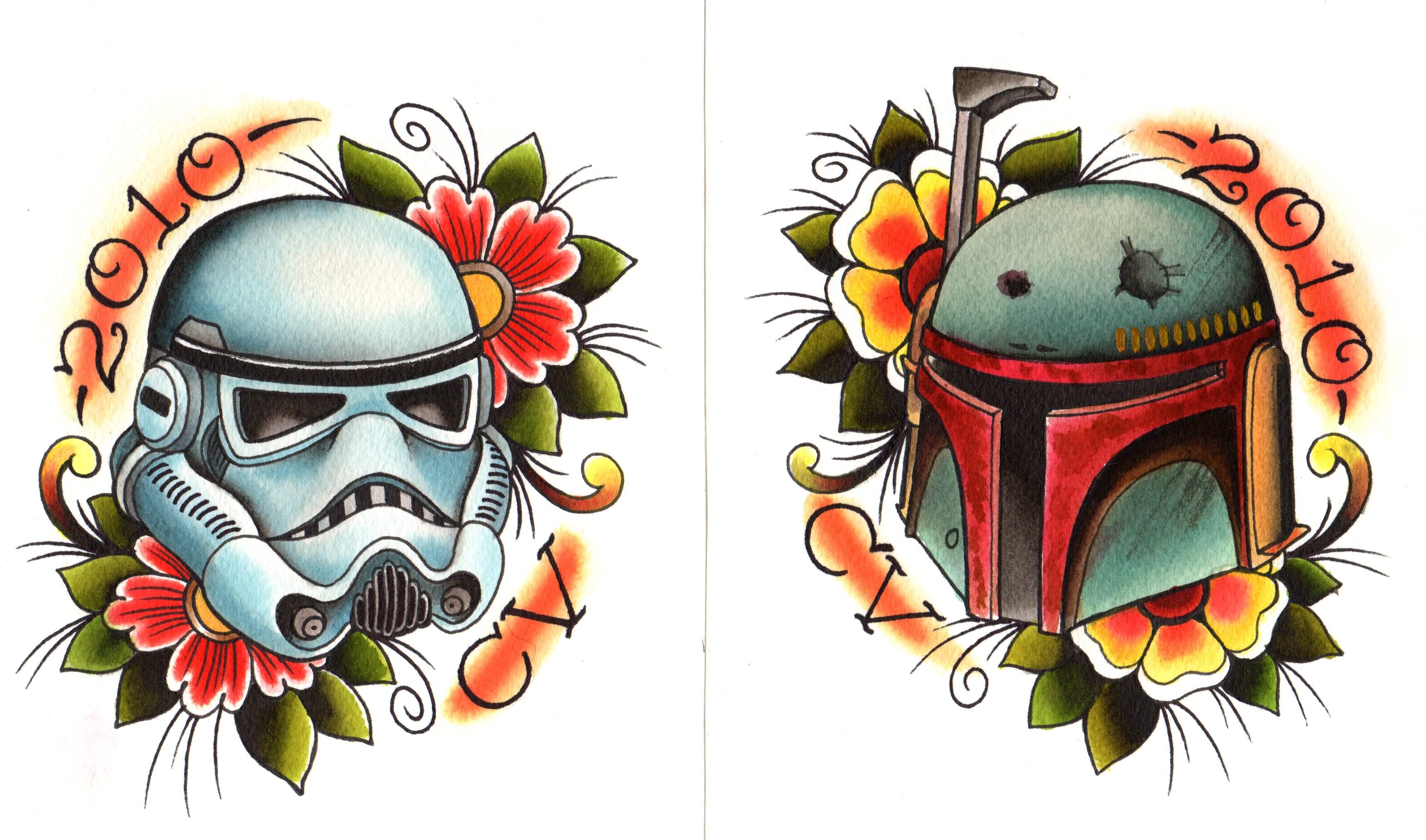 Star War Stormtrooper And Boba Fett Mask With Flowers Tattoo Design