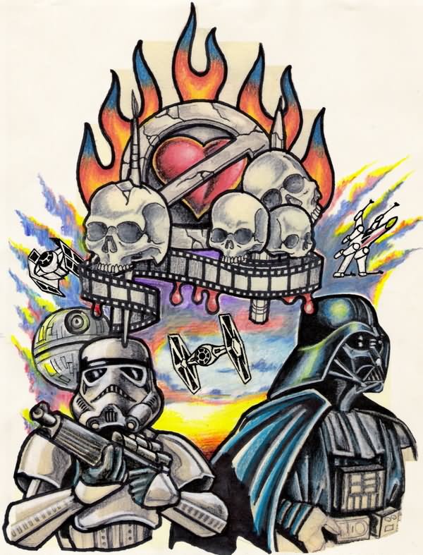 Star War Stormtrooper And Darth Vader With Skull Tattoo Design