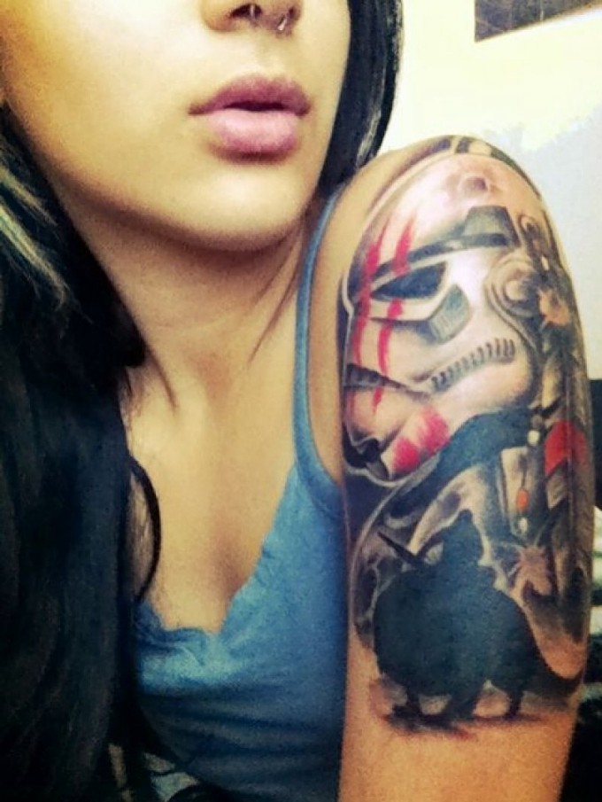 Star War Stormtrooper Head Tattoo On Girl Left Shoulder