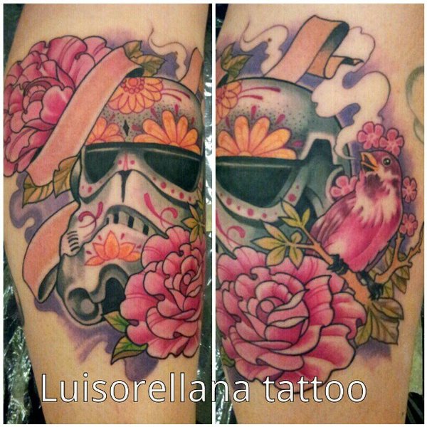 Star War Stormtrooper With Bird And Flowers Tattoo Design