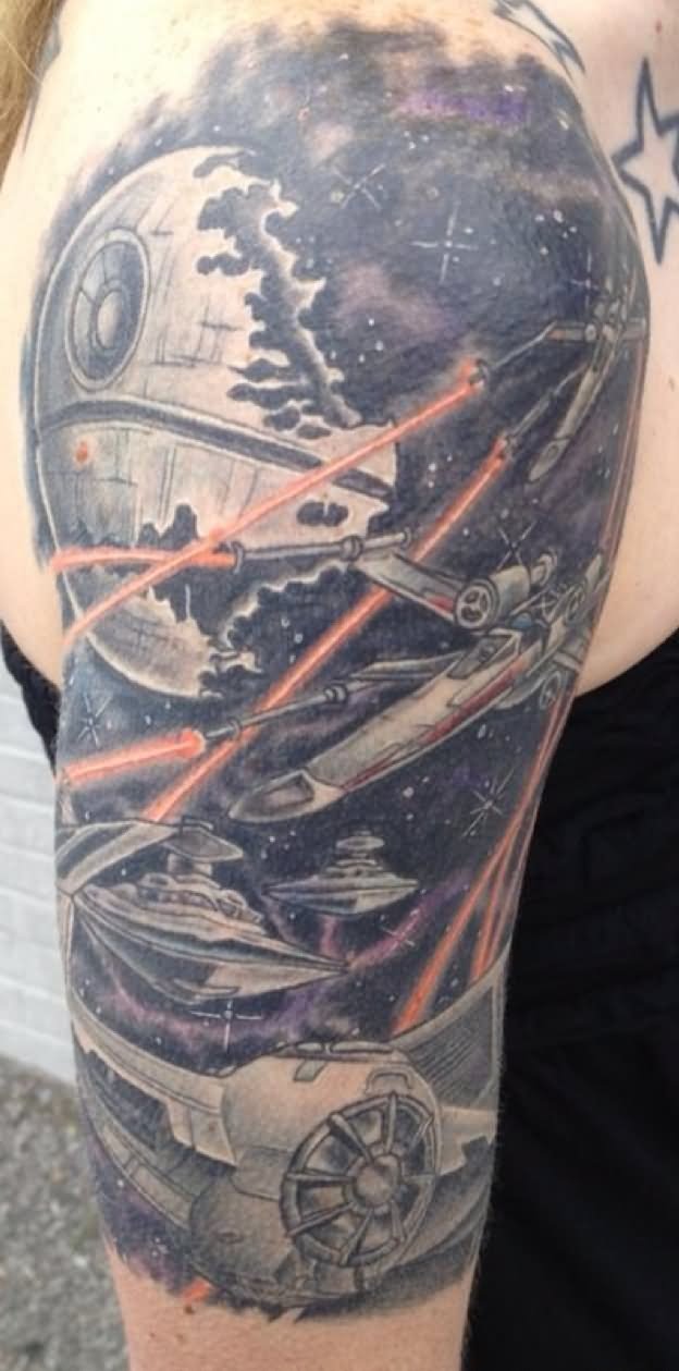 Star War UFO Fighting Scene Tattoo On Half Sleeve