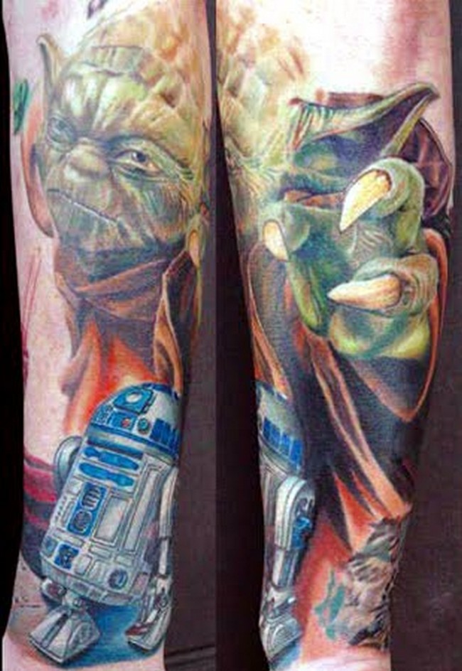 Star War Yoda With R2-D2 Tattoo Design For Leg