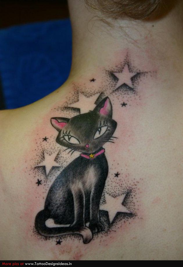 Stars And Black Cat Tattoo On Left Back Shoulder