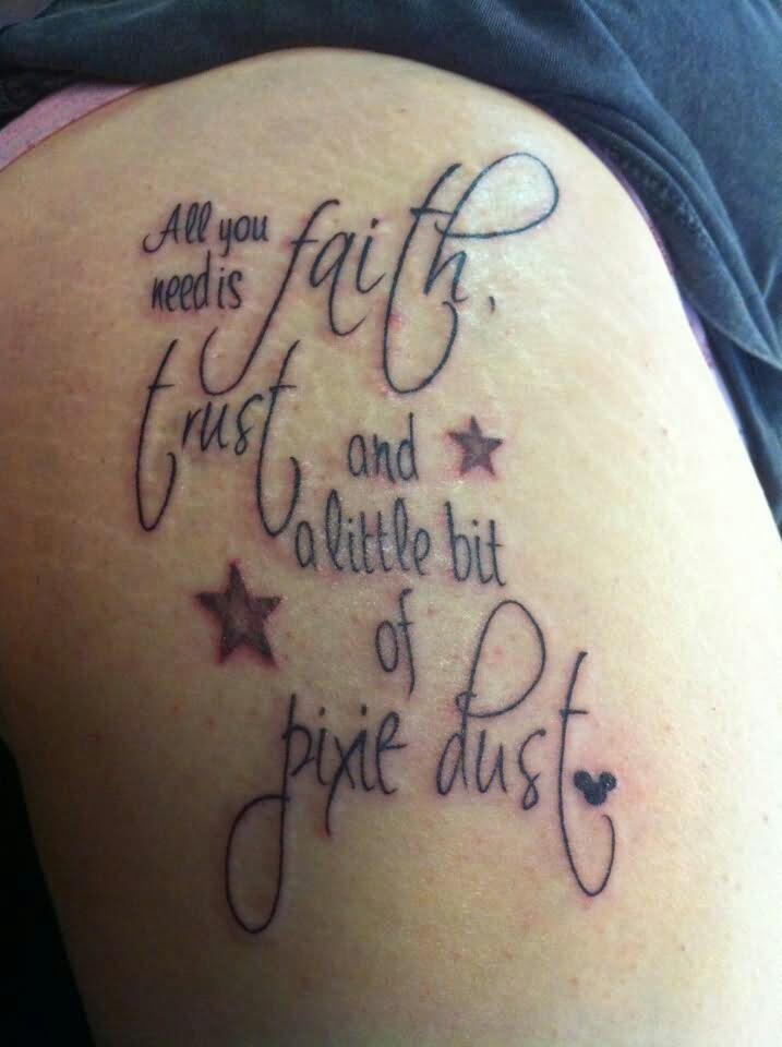 Stars And Faith Lettering Tattoo On Side Thigh