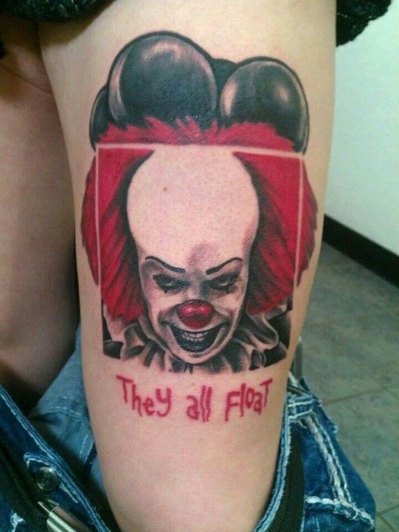 They All Float - Clown Head Tattoo On Thigh
