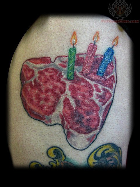 Three Burning Candle In Heart Shape Cake Tattoo Design