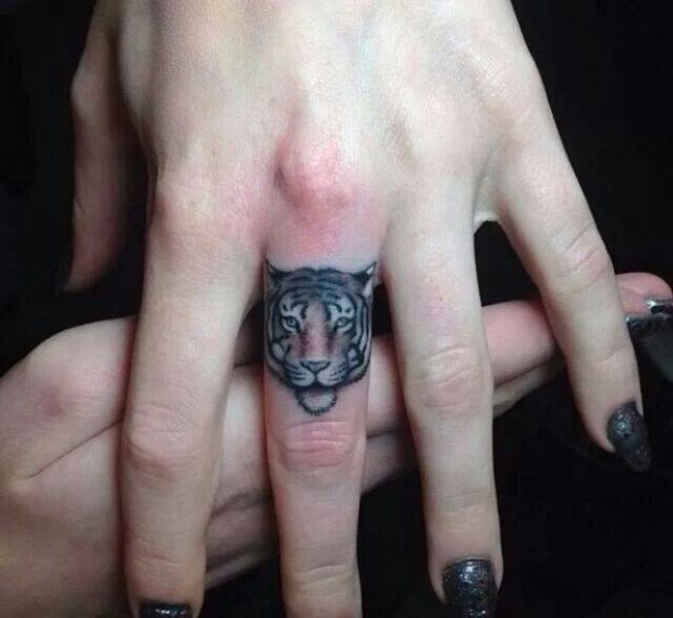 Tiger Head Tattoo On Finger For Girls
