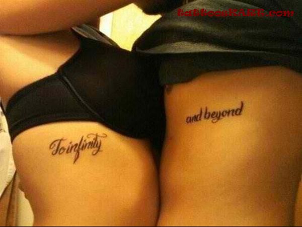 To Infinity And Beyond Lettering Tattoo On Couple Under Breast