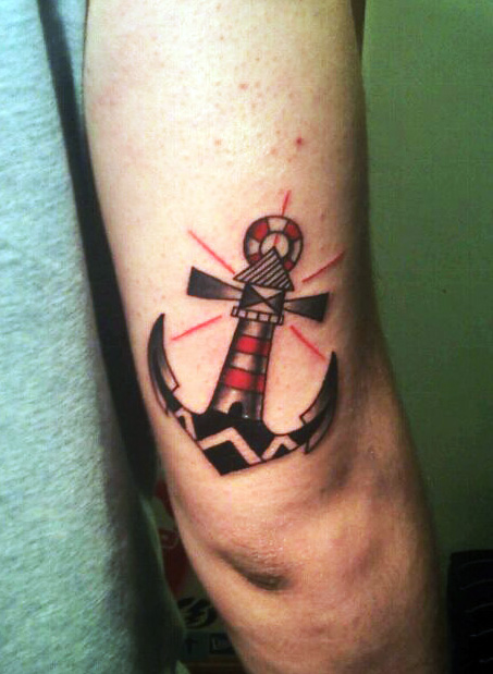 Traditional Anchor With Lighthouse Tattoo by Drone80