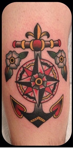 Traditional Compass And Anchor Tattoo