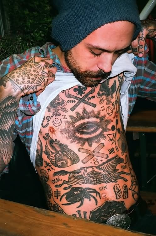 Traditional Eye And Heart Tattoo on Man Full Body