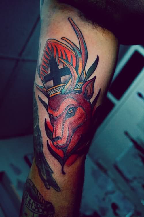 Traditional Goat Head Tattoo Design For Bicep