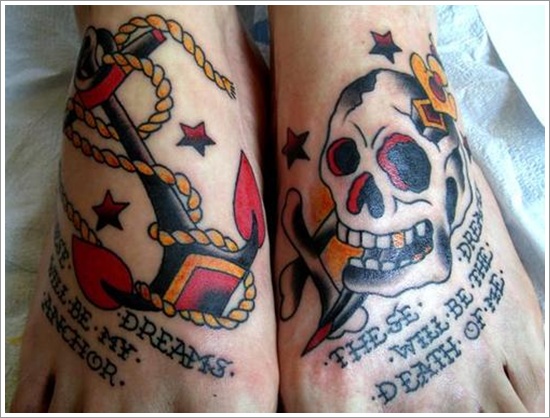 Traditional Skull And Anchor Tattoos On Feet