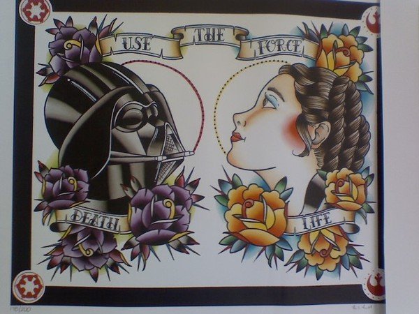 Traditional Star War Darth Vader And Girl Head With Flowers And Banner Tattoo Design