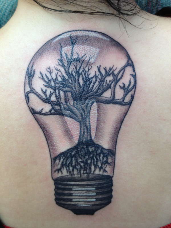 Tree Light Bulb Tattoo On Girl Upper Back