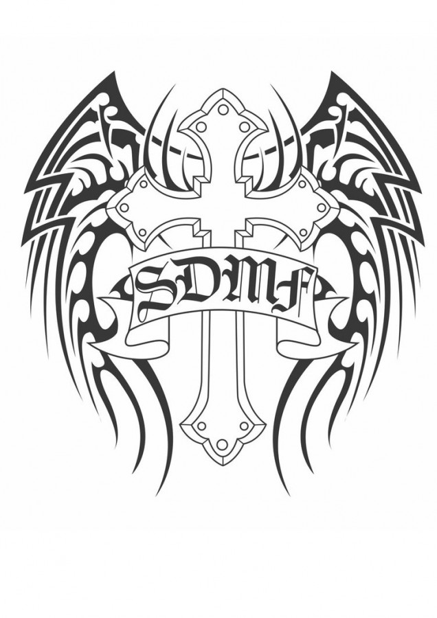 Tribal Wings And Cross Black And White Tattoo Design
