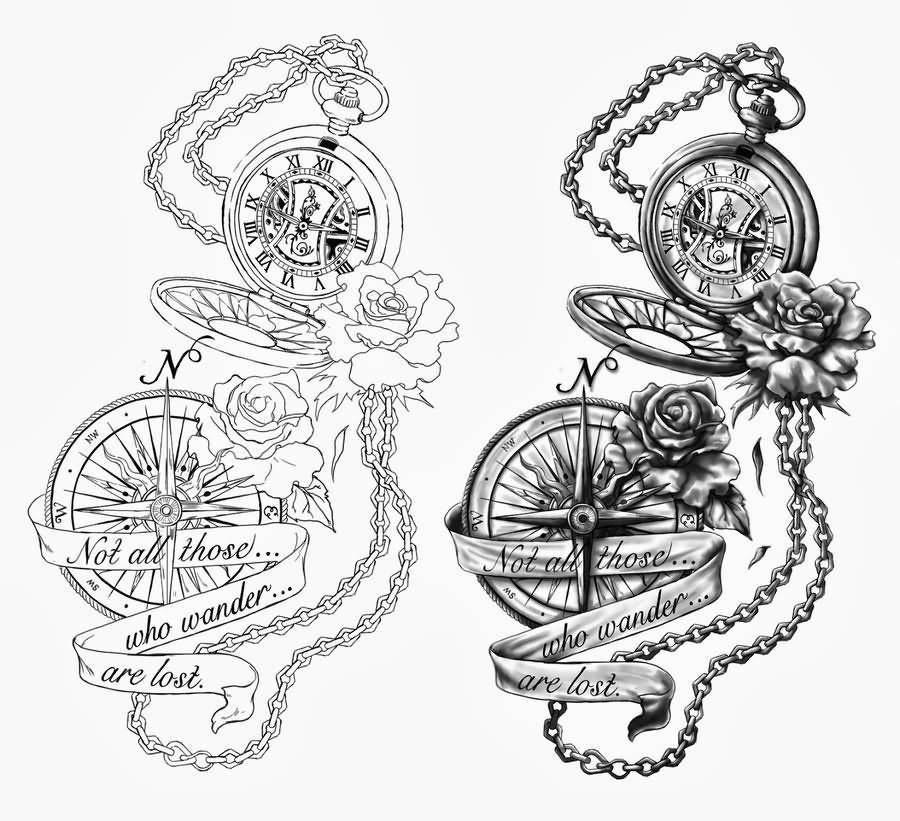 Two Pocket Watch With Compass And Banner Tattoo Design