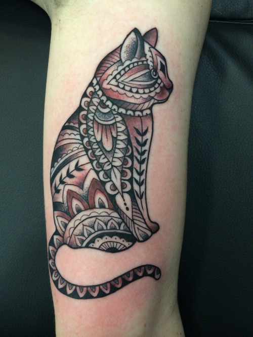 Unique Cat Tattoo On Half Sleeve by Karina Figueroa