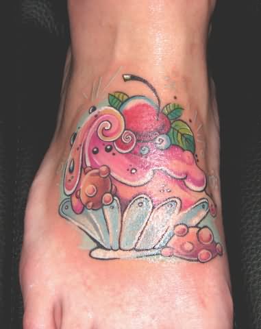 Unique Colorful Cupcake Tattoo On Foot By Petja Evlogieva