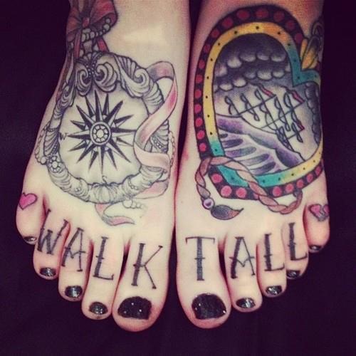Unique Compass And Heart Frame Tattoo On Feet