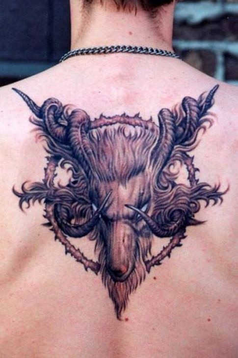 Unique Goat Head Tattoo On Man Upper Back