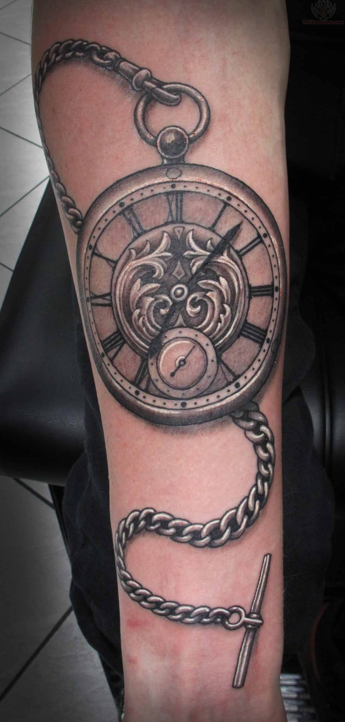Unique Pocket Watch Tattoo Design For Forearm