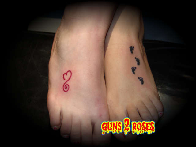 Unique Red outline Heart And Feet Print Tattoo On Feet