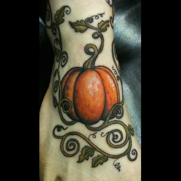 Vine Leaves And Pumpkin Tattoo On Right Foot