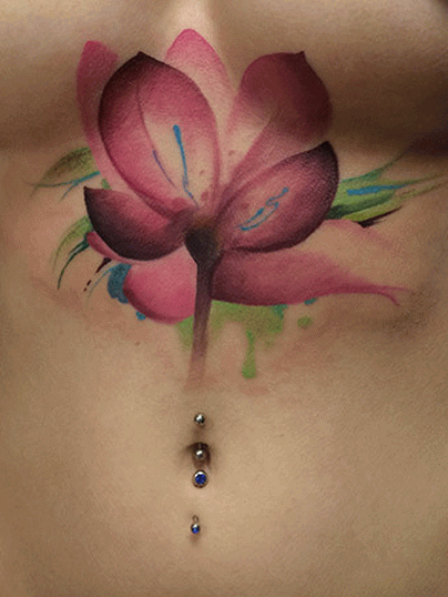 Watercolor Flower Tattoo On Under Breast.