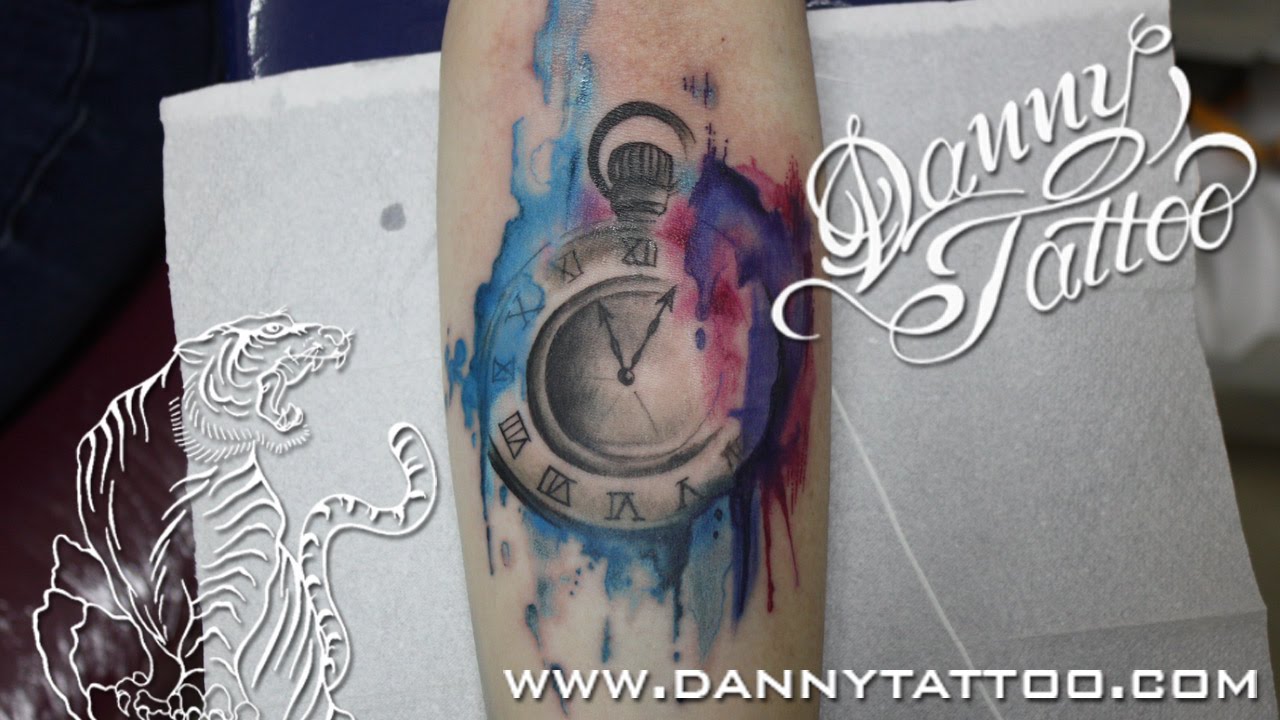 Watercolor Pocket Watch Tattoo Design For Forearm