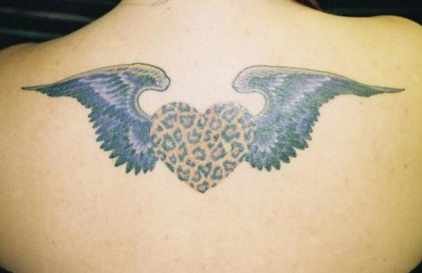Winged Cheetah Print Heart Tattoo On Upper Back
