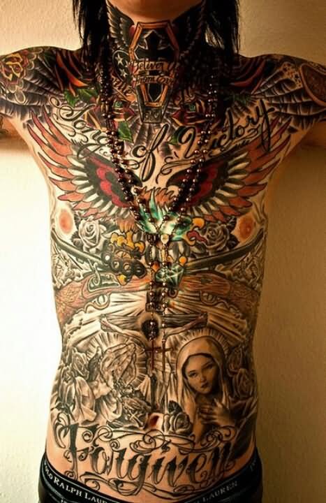 Winged Coffin And Forgiven Praying Hand Tattoo On Full Body