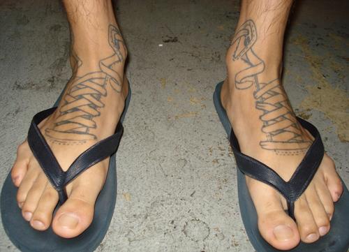 Wonderful Black Corset Tattoo On Feet