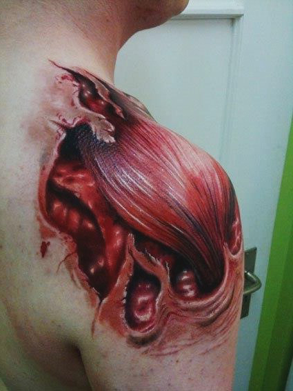 Wonderful Ripped Skin Muscle Tattoo On Man Right Shoulder