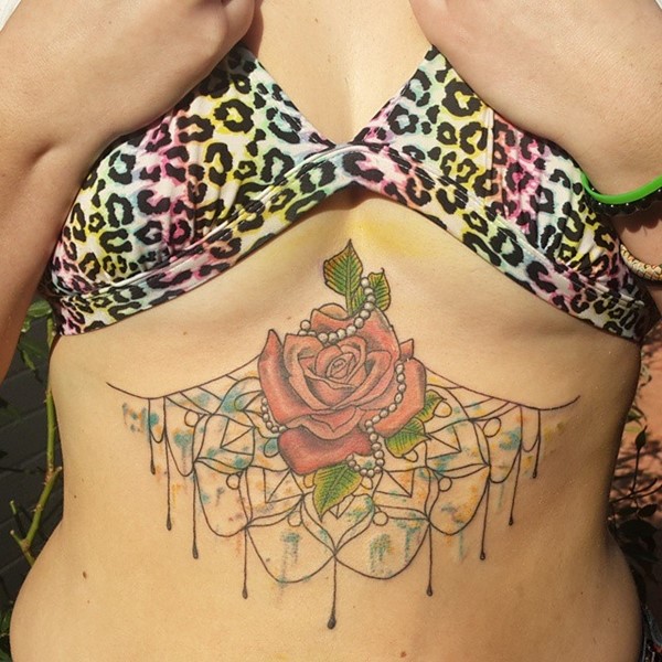Wonderful Rose Tattoo Design For Under Breast